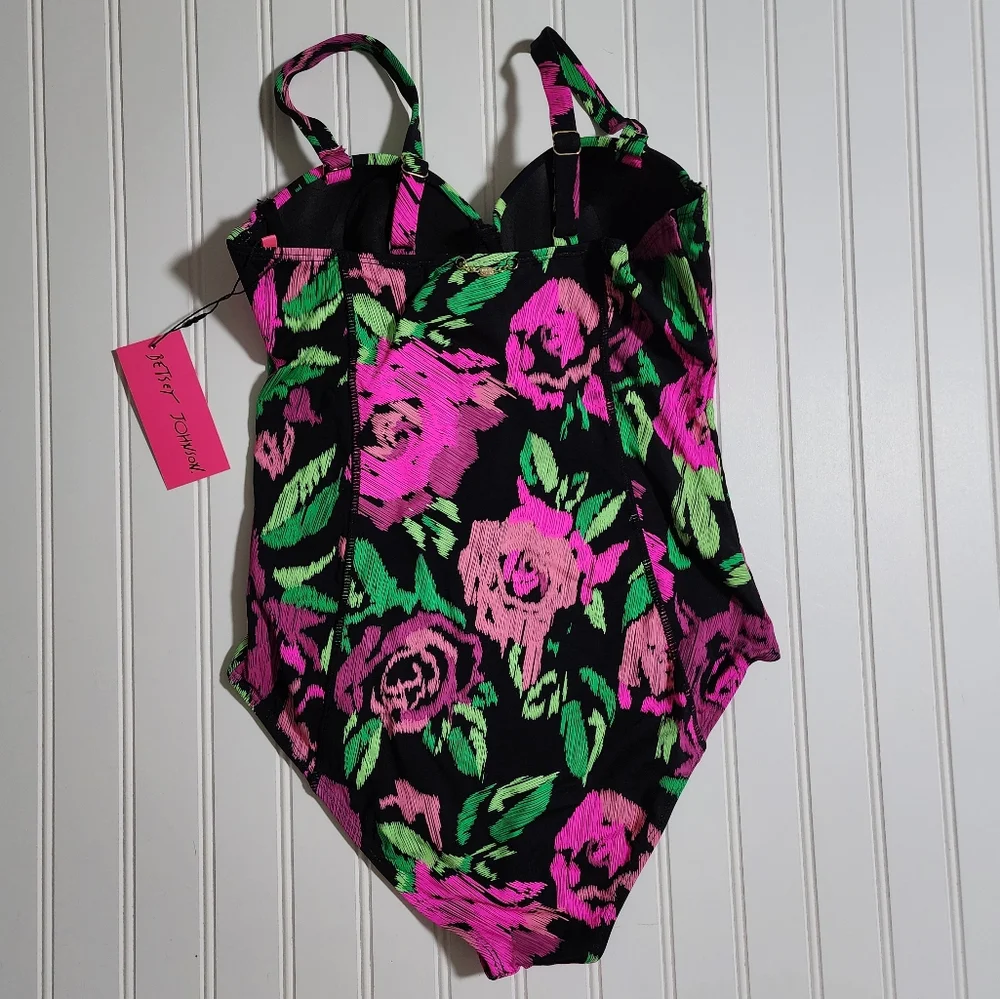 Betsey Johnson Swimsuit Balconette Style Roses Black Pink 1-Pc Size Medium NWT